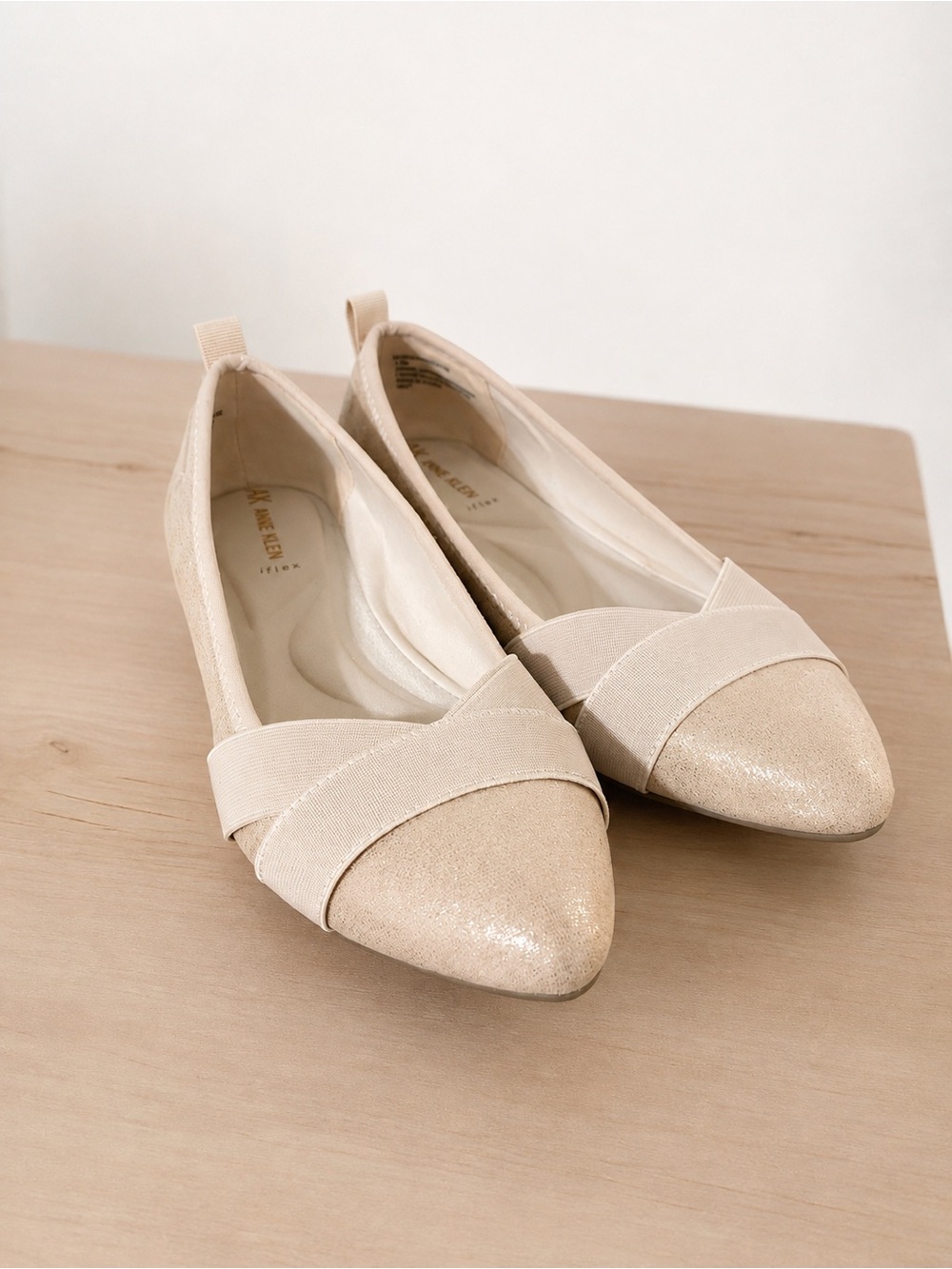 Anne Klein Champagne Beige Pointed-Toe Flats with Cross Band